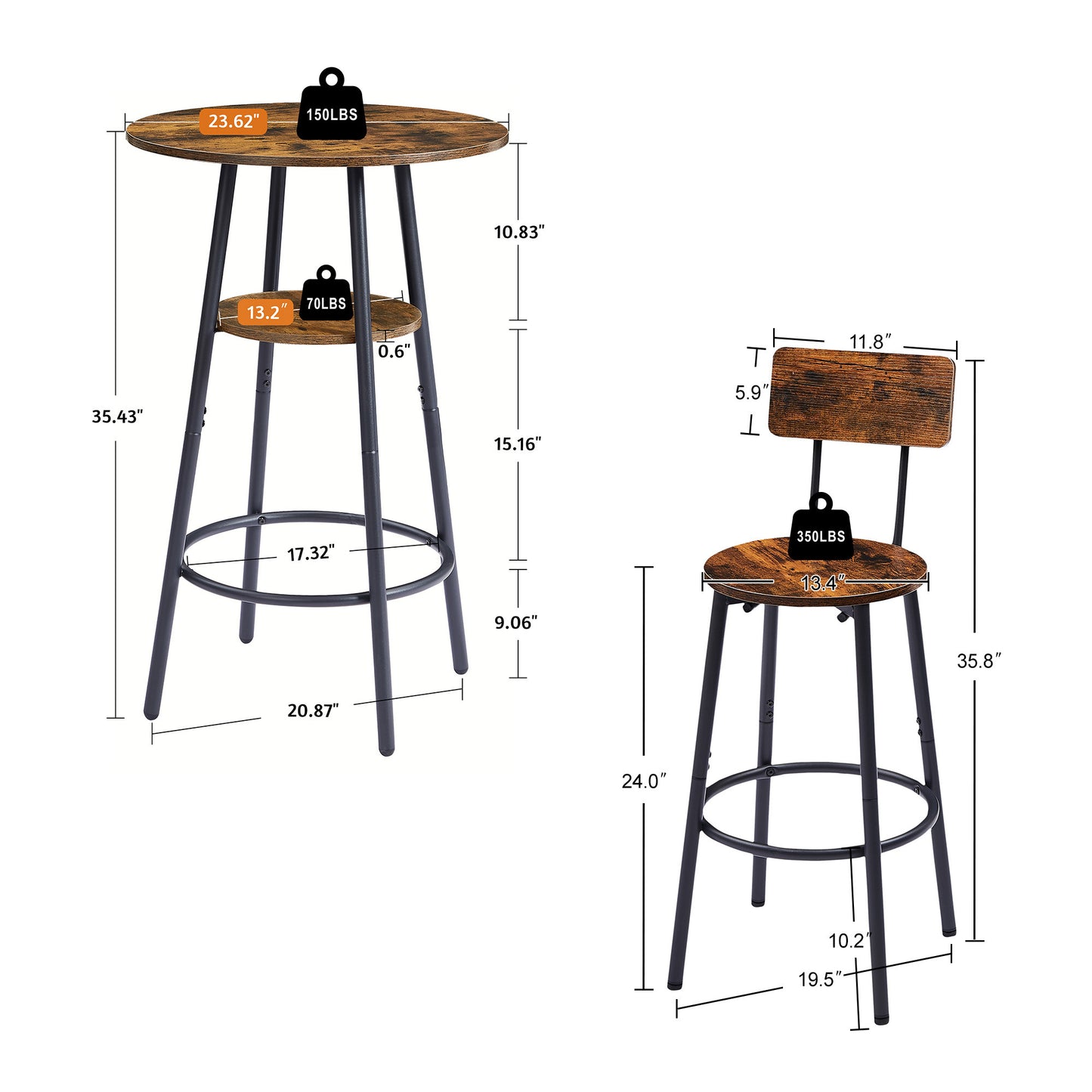 Round Bar Stool Set with Shelf - Rustic Brown