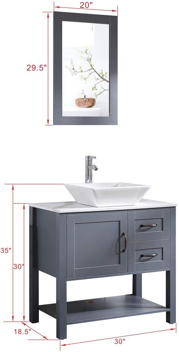 30” Gray Bathroom Vanity and Sink Combo Marble Pattern Top w/Mirror Faucet&Drain