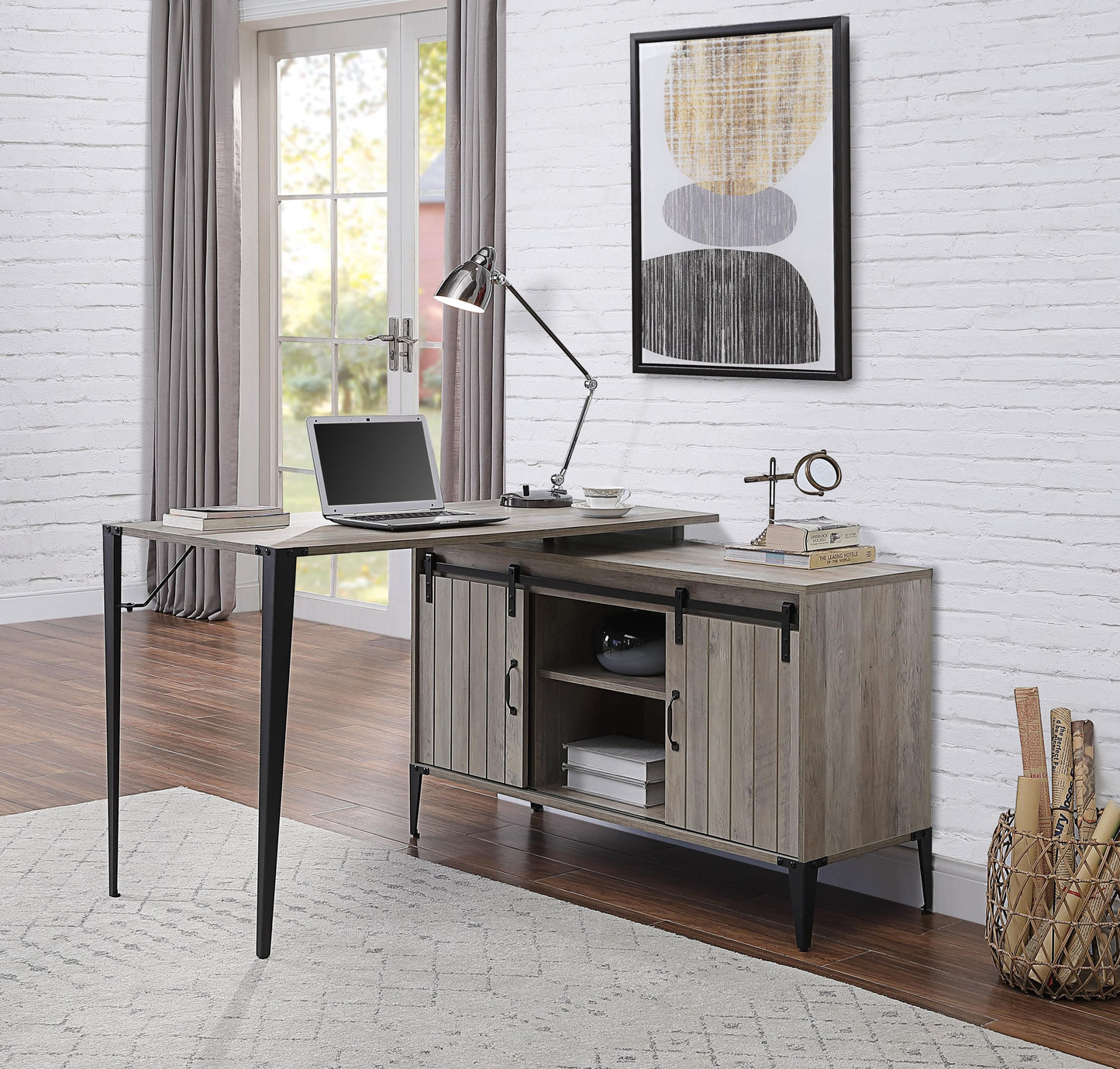 ACME Zakwani Writing Desk w/USB, Gray Oak & Black