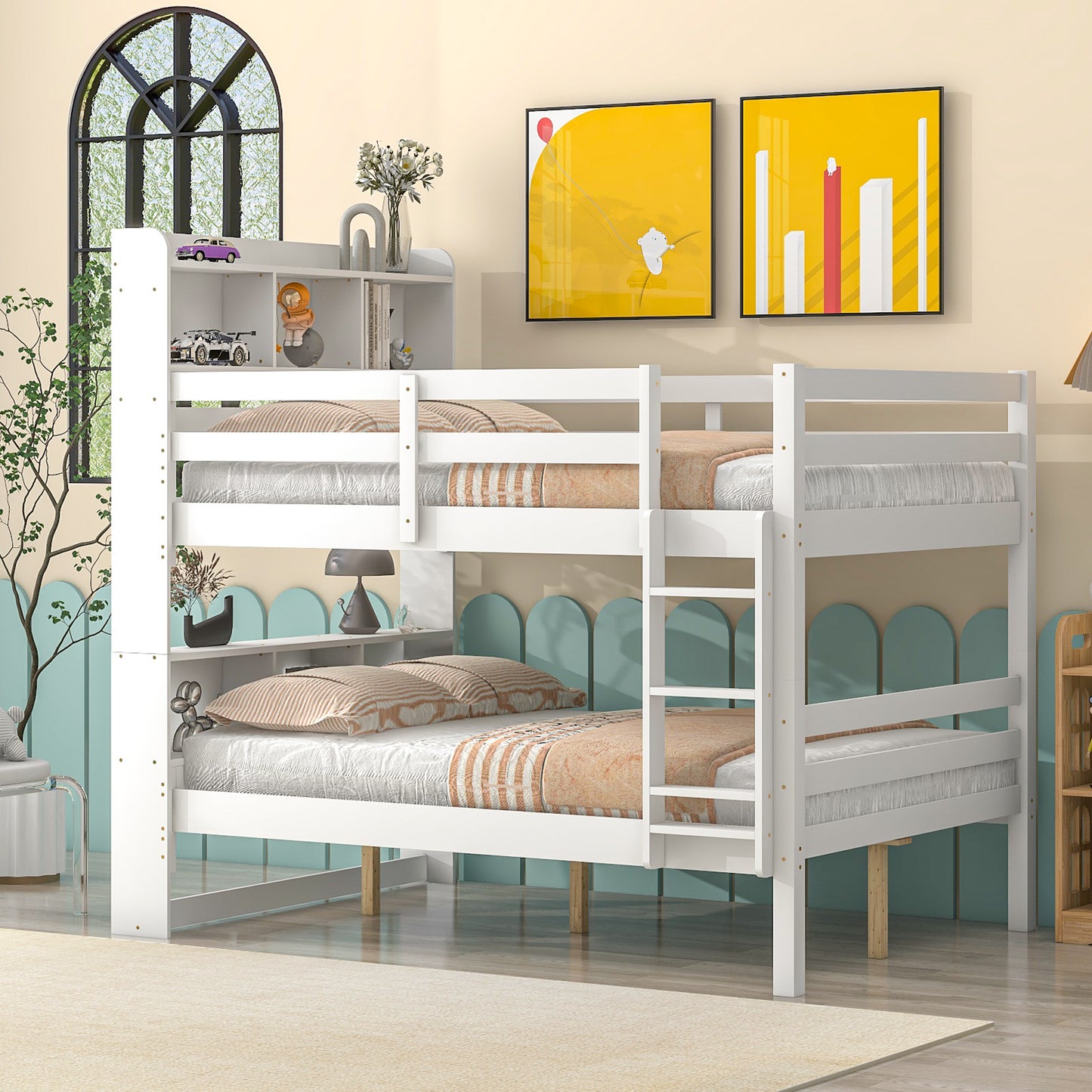 Full Over Full Bunk Beds with Bookcase Headboard,