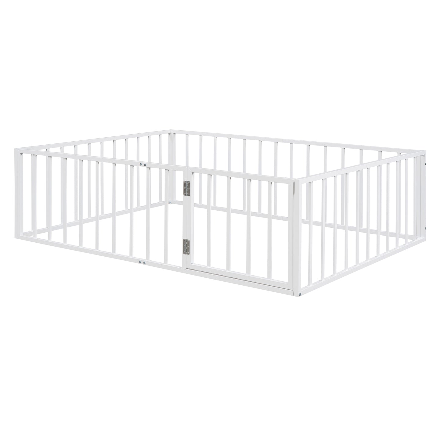 Full Size Metal Floor Bed Frame with Fence and Door, White