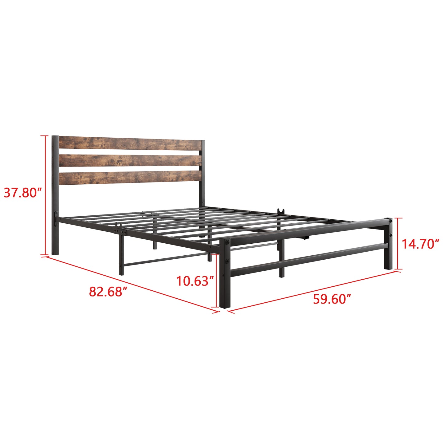 Platform Queen Size Bed Frame with Rustic Vintage Wood Headboard