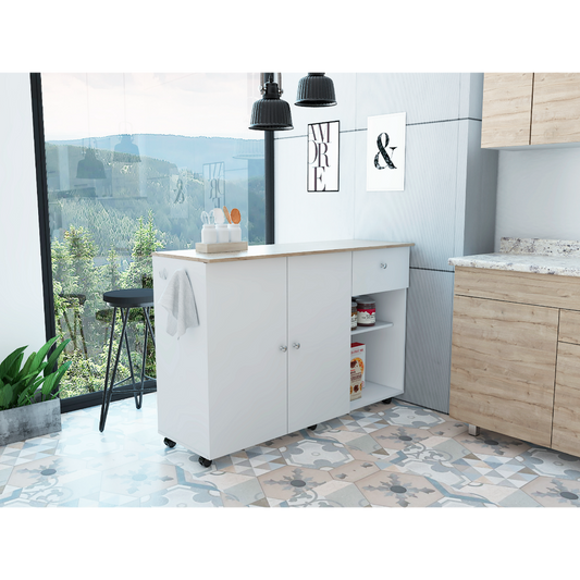 Kitchen Island Cart Victoria, Four Interior Shelves, Six Carters, One Drawer, Double Door Cabinet -White / Light Oak