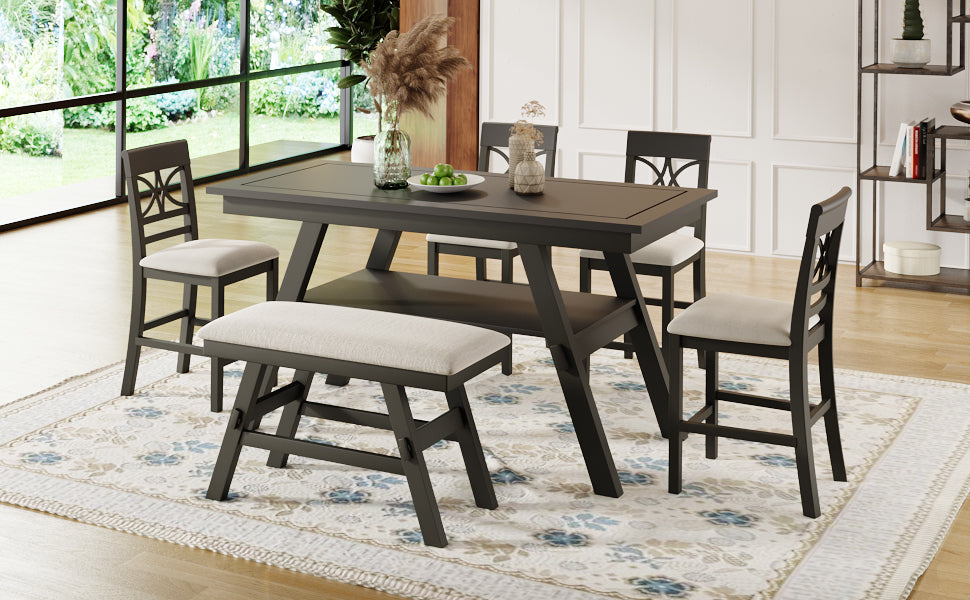 6-Piece Wood Counter Height Dining Table Set with Storage Shelf Espresso+Beige Cushion