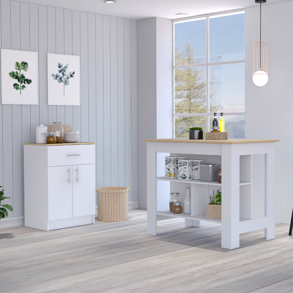 California 2 Piece Kitchen Set, Delos Kitchen Island + Barbados Pantry Cabinet , White /Light Oak