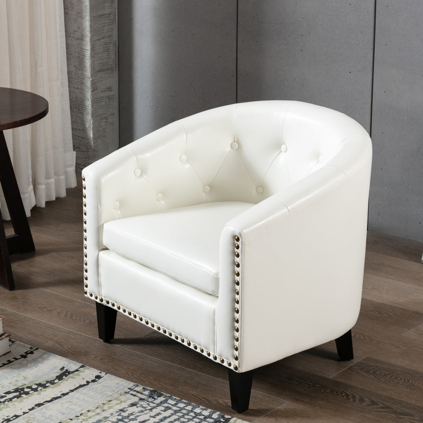 Modern White Nailhead Trim PU Leather Tufted Barrel Accent Chair