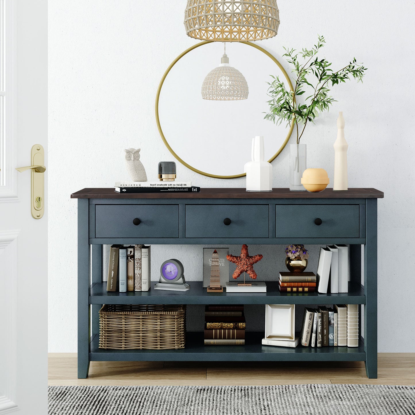 TREXM Retro Design Console Table with Two Open Shelves - Navy