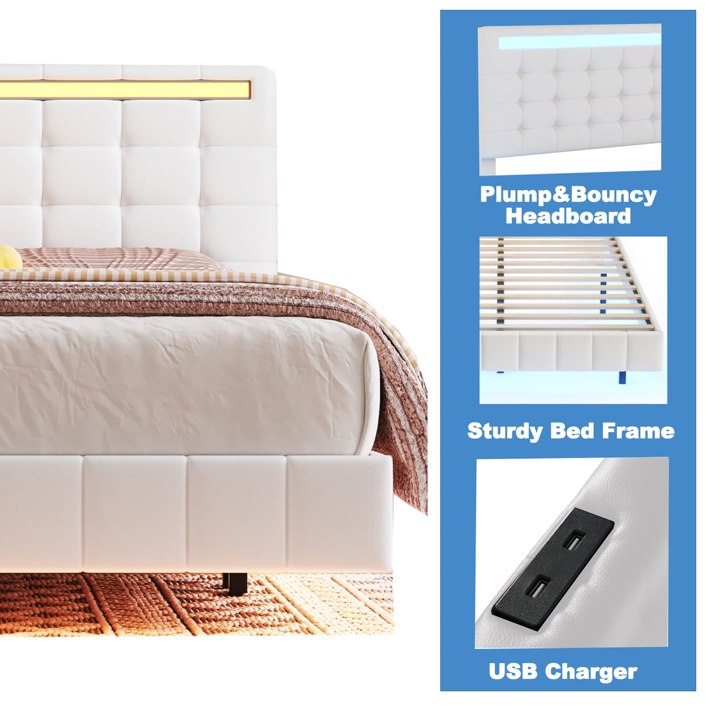 Queen Size Floating Bed Frame with LED Lights and USB Charging