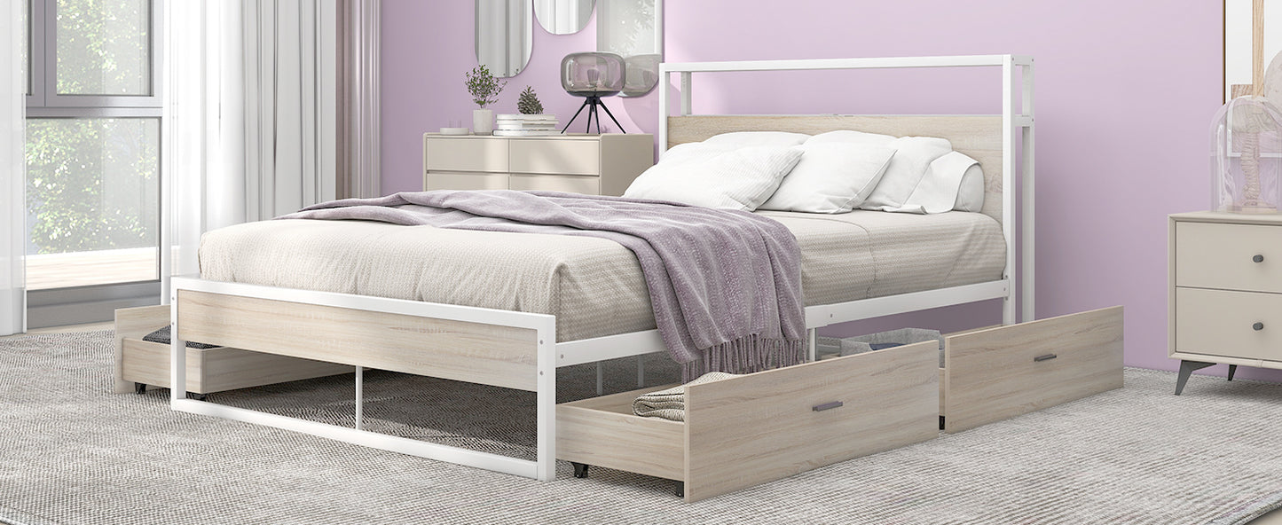 Full Size Metal Platform Bed Frame with Four Drawers, White