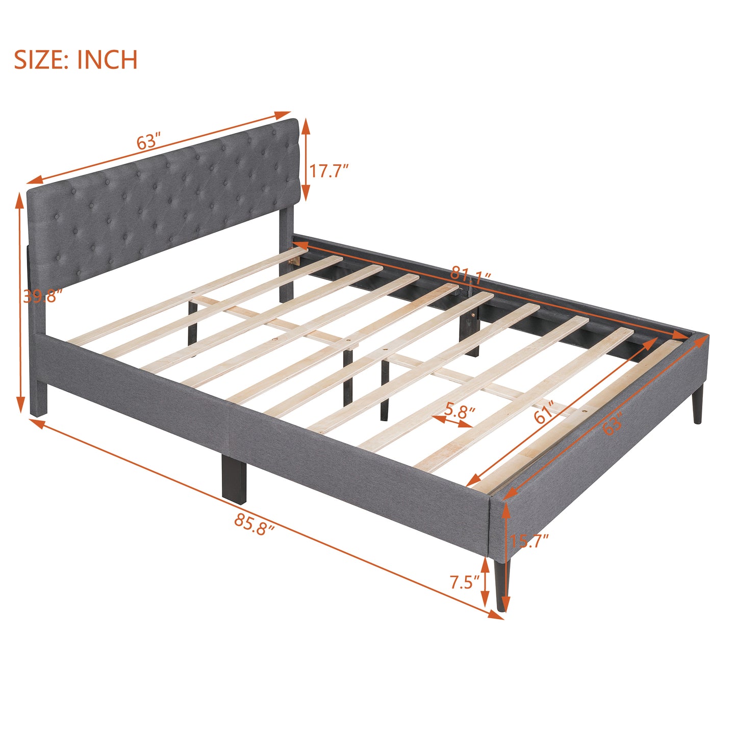 Gray Linen Upholstered Platform Bed Frame, Queen