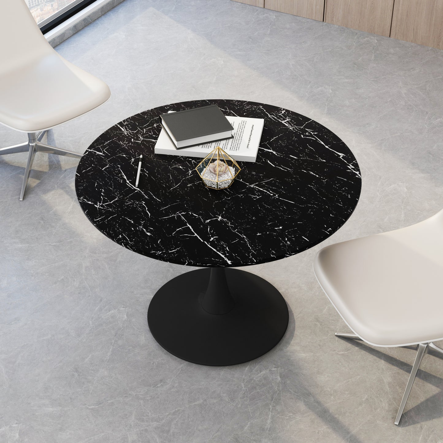 Modern Round Dining Table with Printed Black Marble Table Top