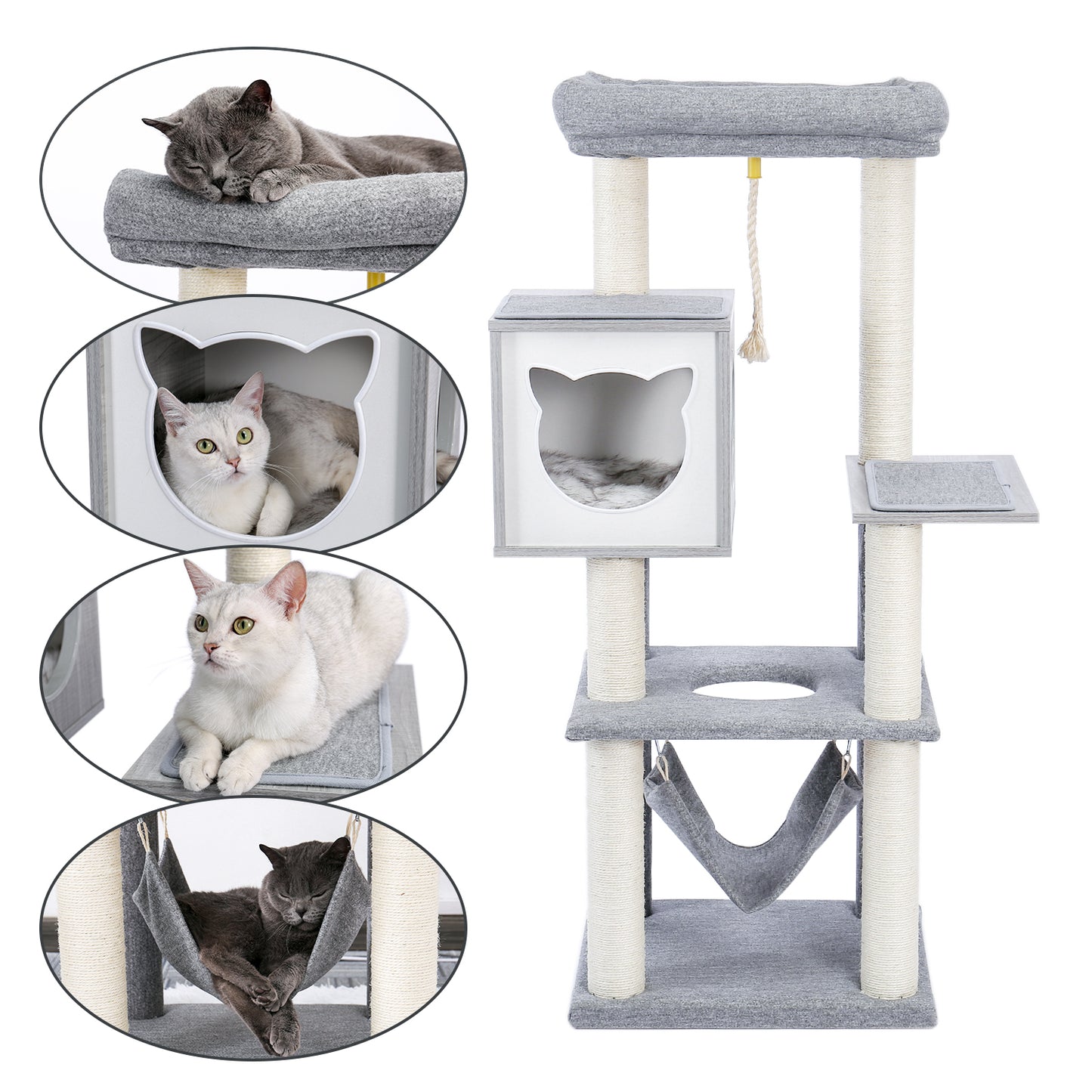 Cat Tree 52 Inches Multi-Level Wooden Cat Tower with Hammock and Scratching Posts- Grey