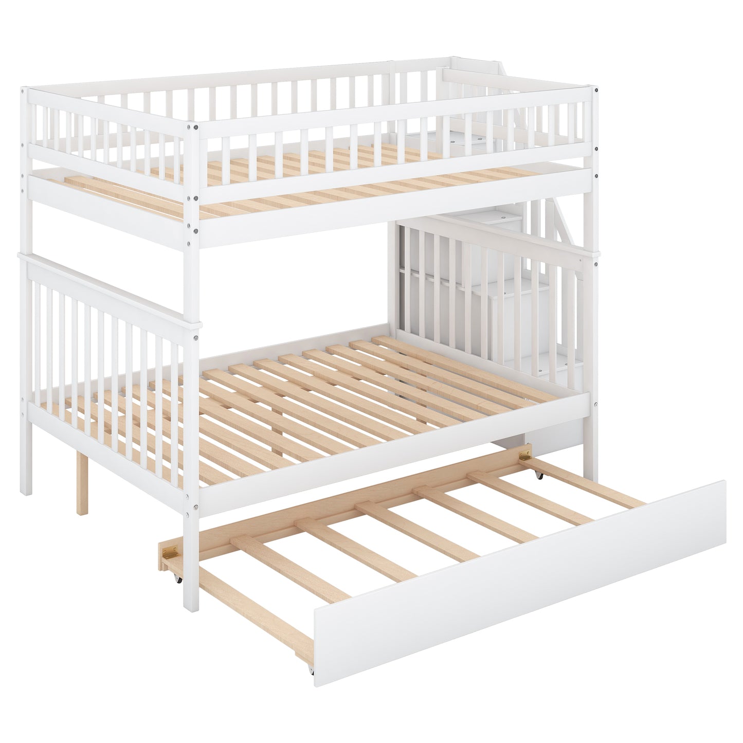 White Full over Full Bunk Bed with Trundle and Staircase