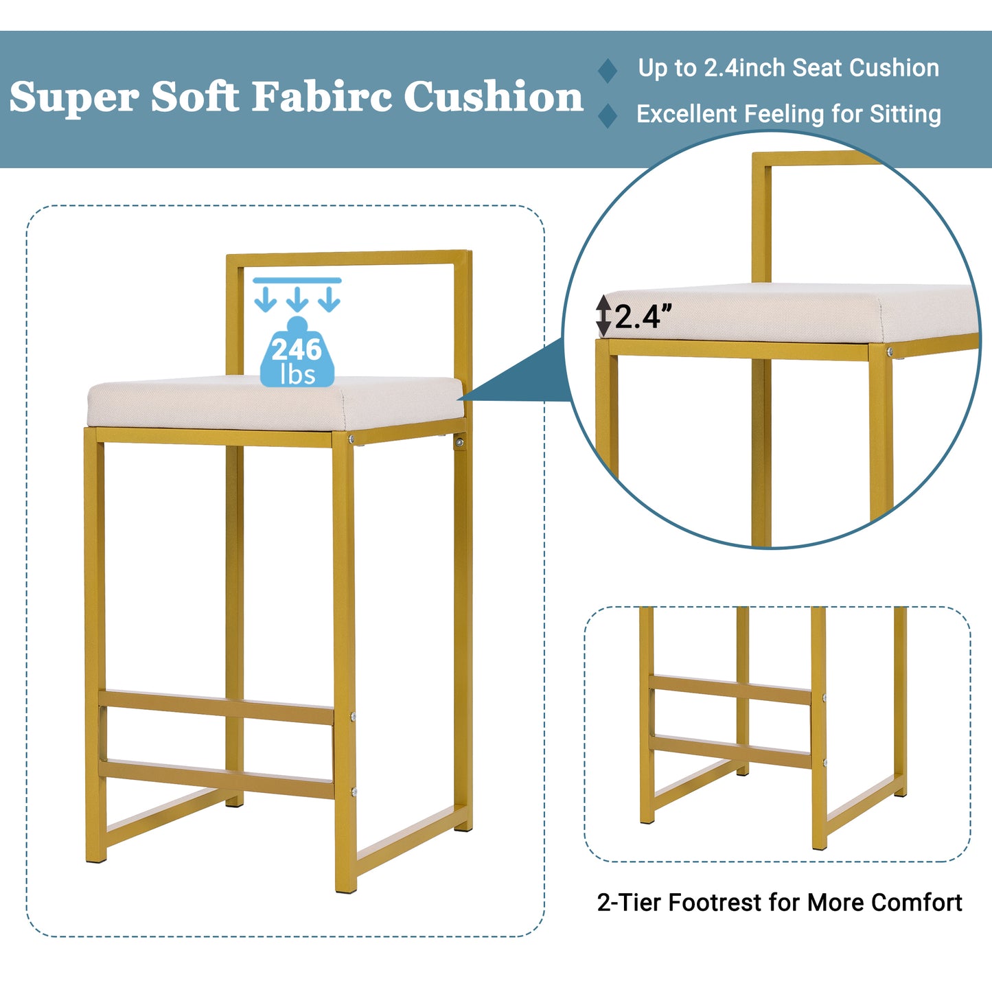 TOPMAX Modern 4-Piece Counter Height Extra Long Console Bar Dining Table Set with 3 Padded Stools  Gold