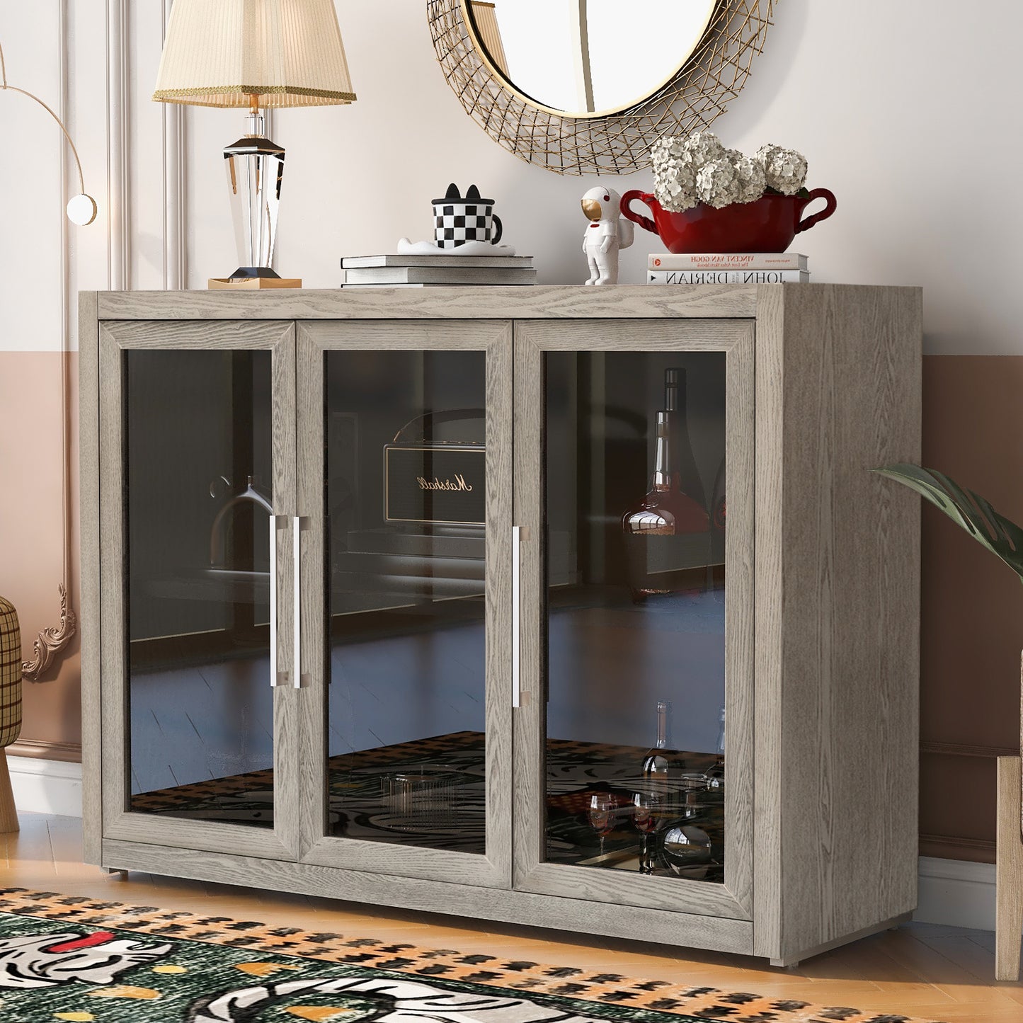 U-Style Wood Storage Cabinet with Three Tempered Glass Doors and Adjustable Shelf,Suitable for Living Room, Study and Entrance