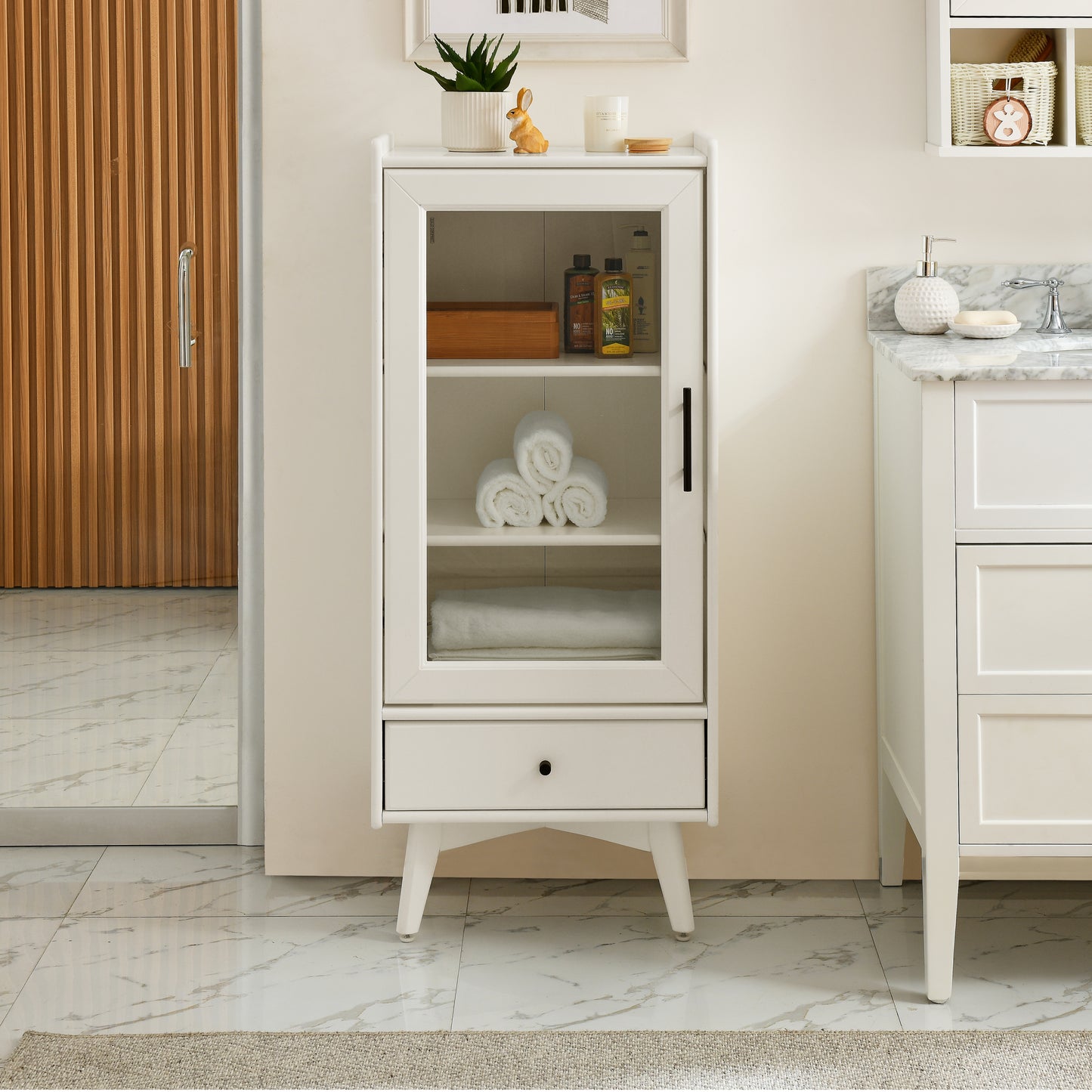 Modern Bathroom Storage Cabinet & Floor Standing cabinet with Glass Door with Double Adjustable Shelves and One Drawer, Extra Storage Space on Top, White(19.75"×13.75"×46")