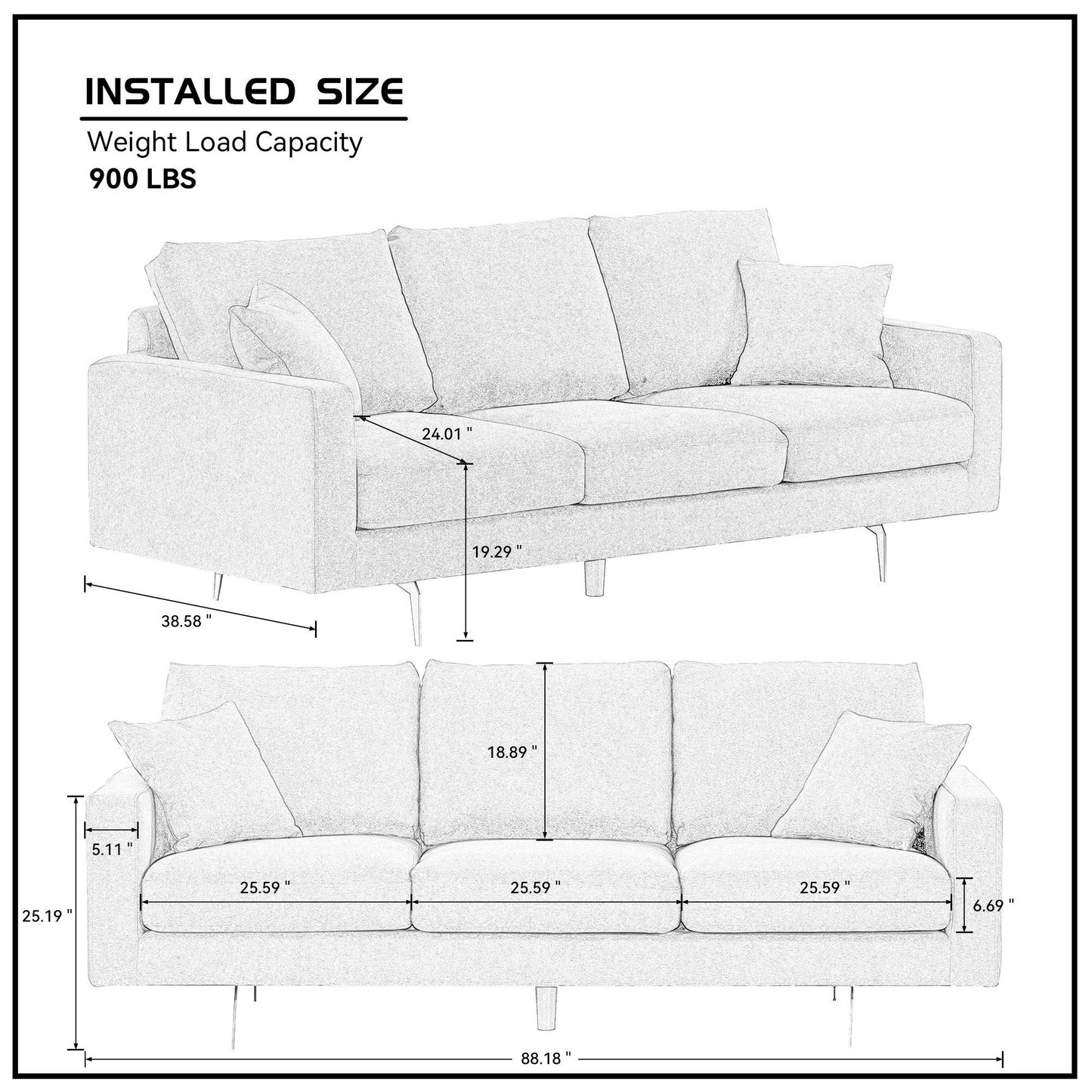 Modern Grey Three-Seat Sofa