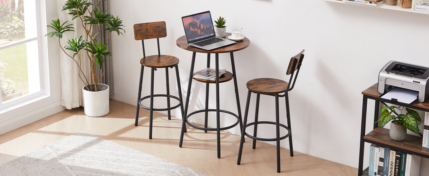 Round Bar Stool Set with Shelf - Rustic Brown