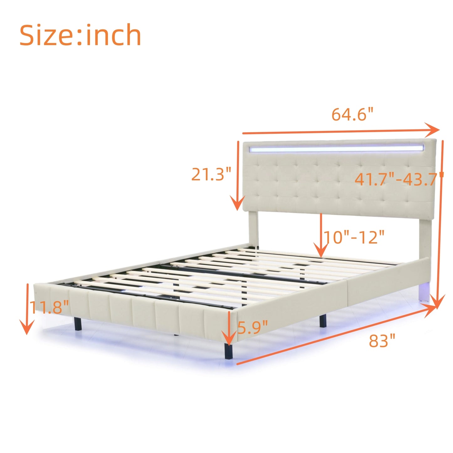 Queen Size Floating Bed Frame with LED Lights and USB Charging