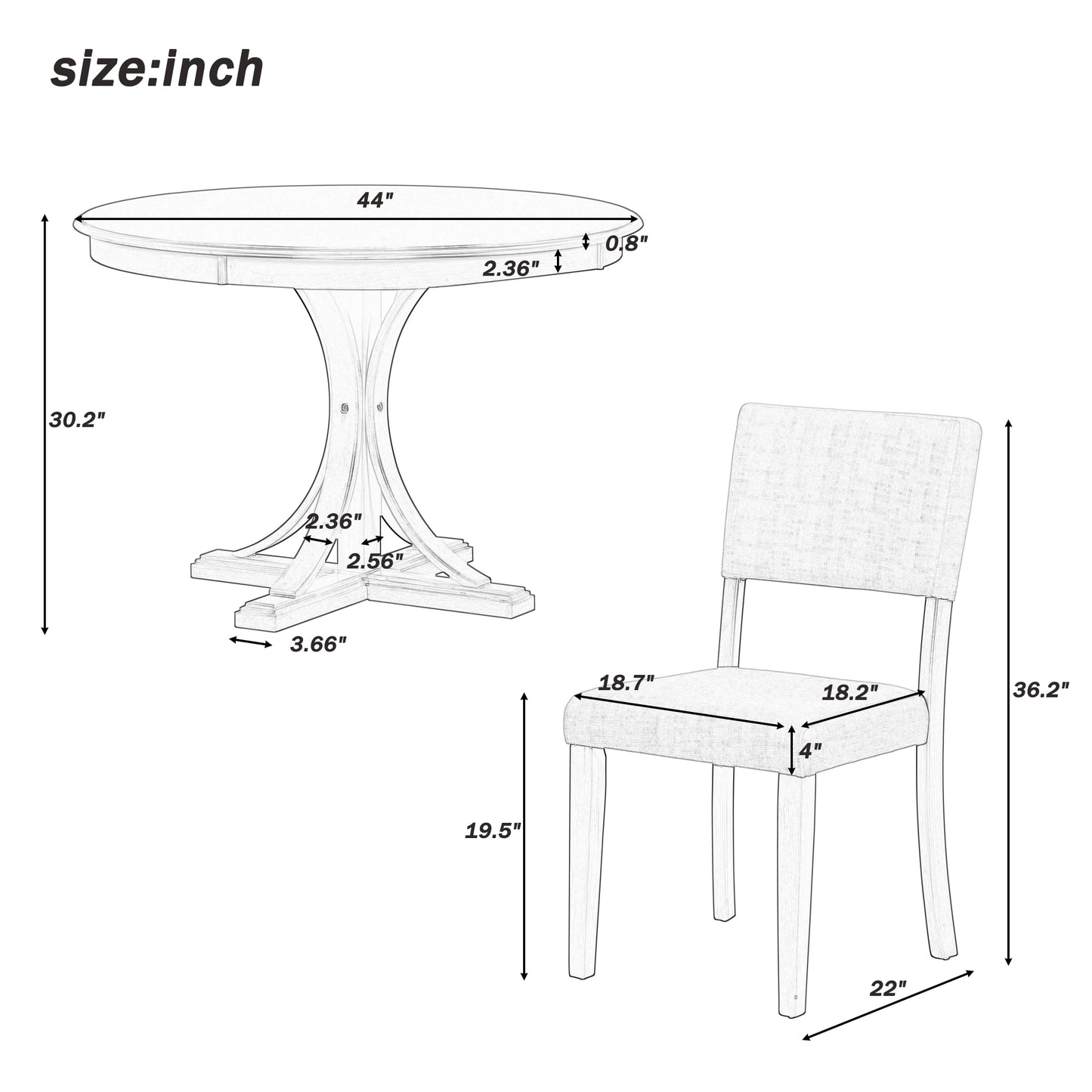 TREXM 5-Piece Retro Round Dining Table Set with Curved Trestle Style Table Legs and 4 Upholstered Chairs (Taupe)