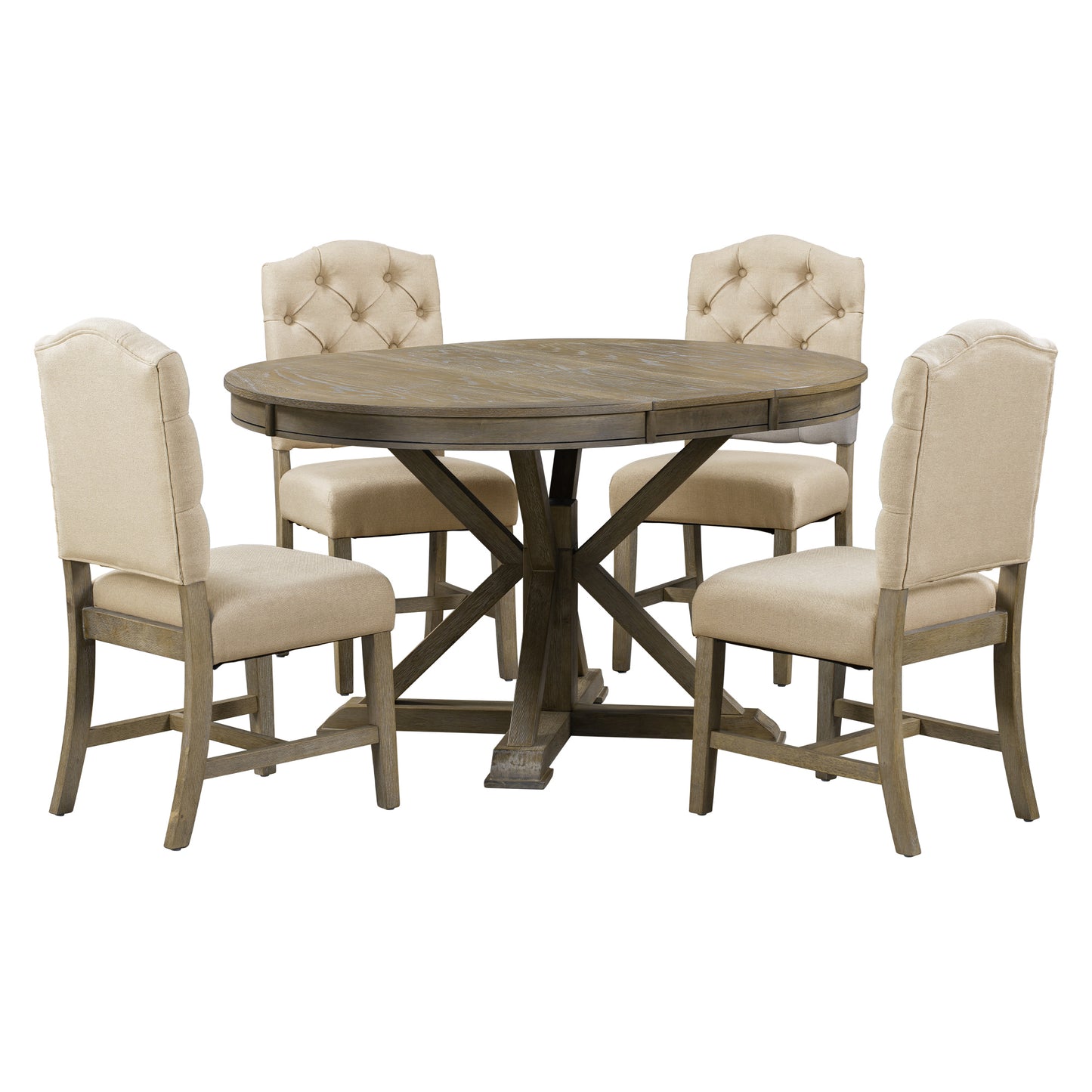 Retro Style Dining Table Set with Extendable Table and 4 Upholstered Chairs (Natural Wood Wash)