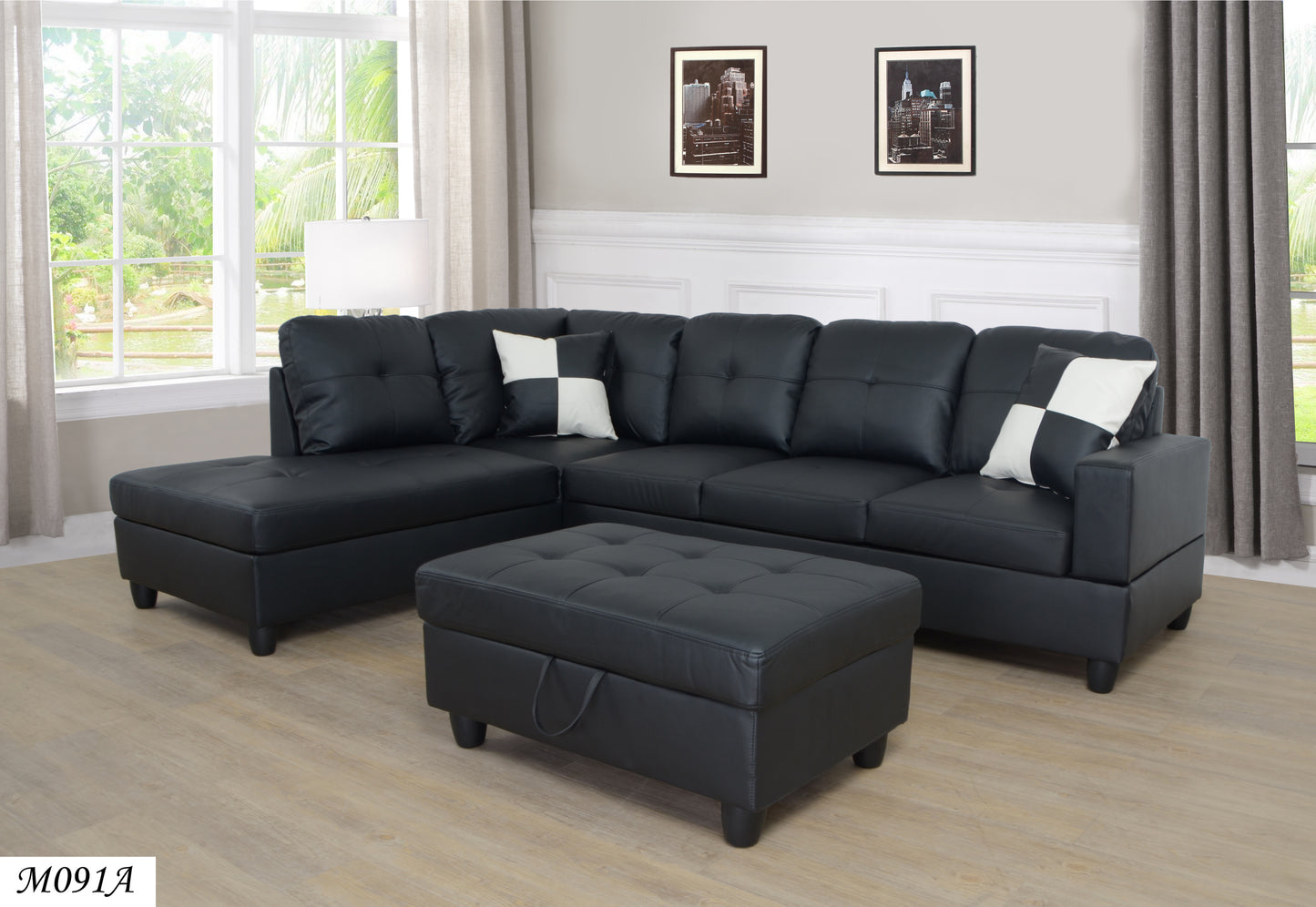 3PCS Modular Sofa Set (Black) Faux Leather Right Side Lounger with Free Storage Footrest