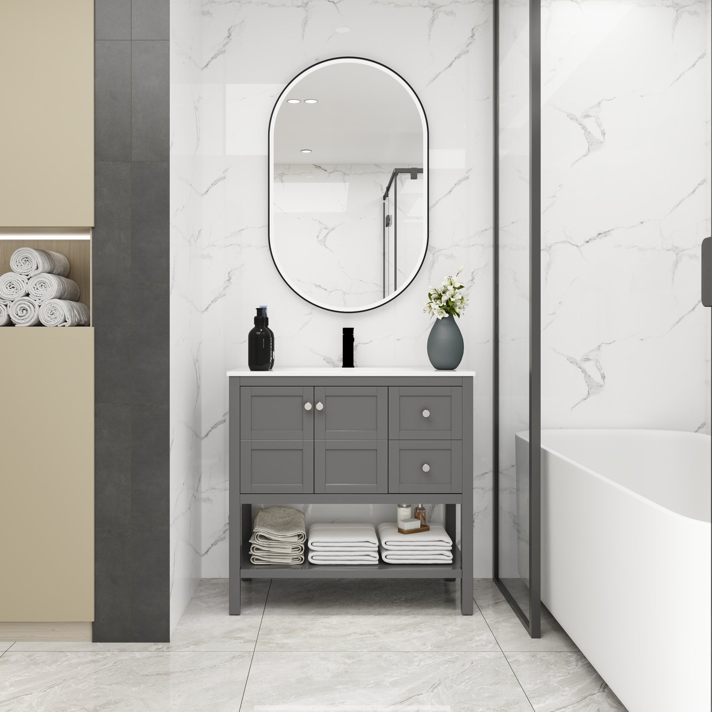 Bathroom Vanity With Soft Close Drawers and Gel Basin, Grey