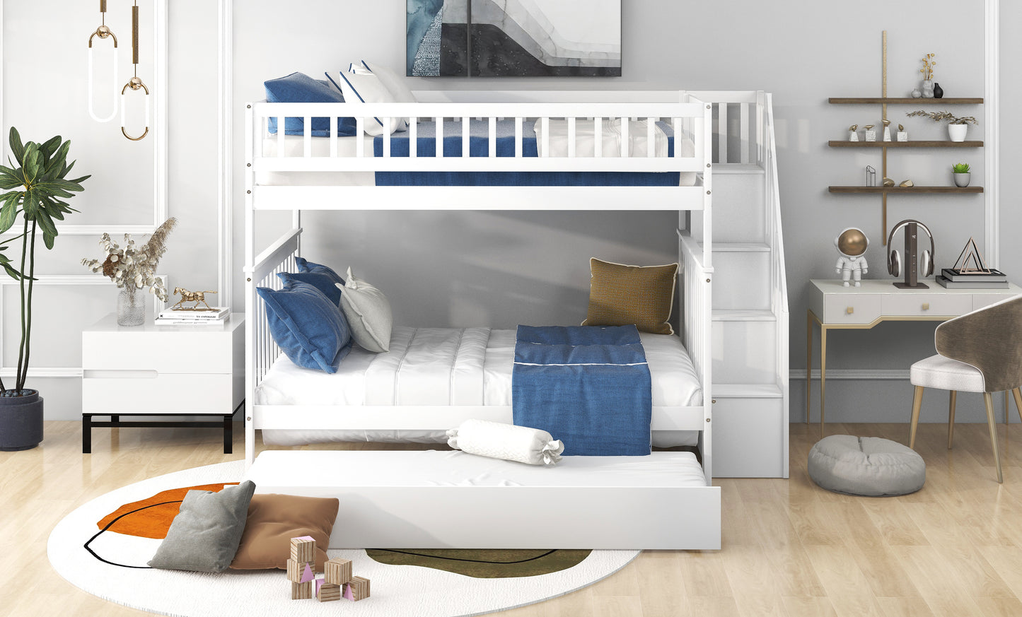 White Full over Full Bunk Bed with Trundle and Staircase