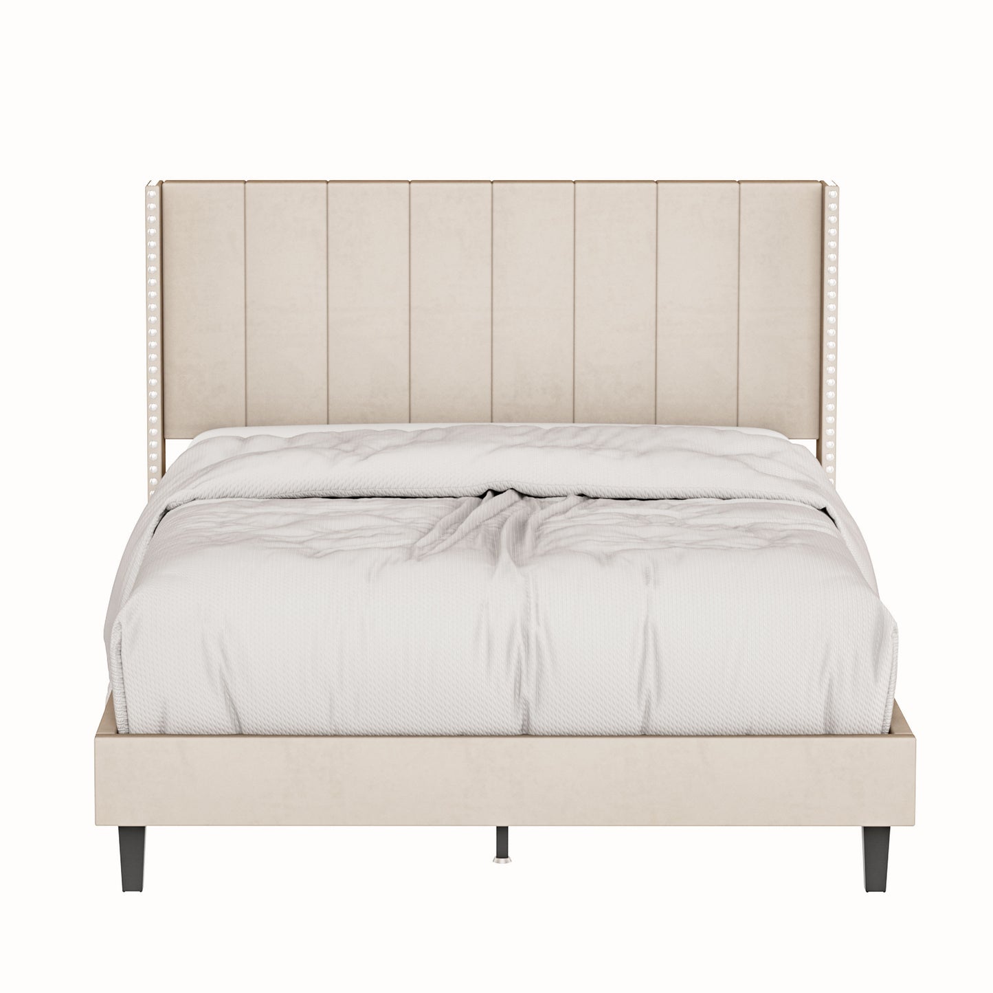 Velvet Upholstered Queen Bed- Beige