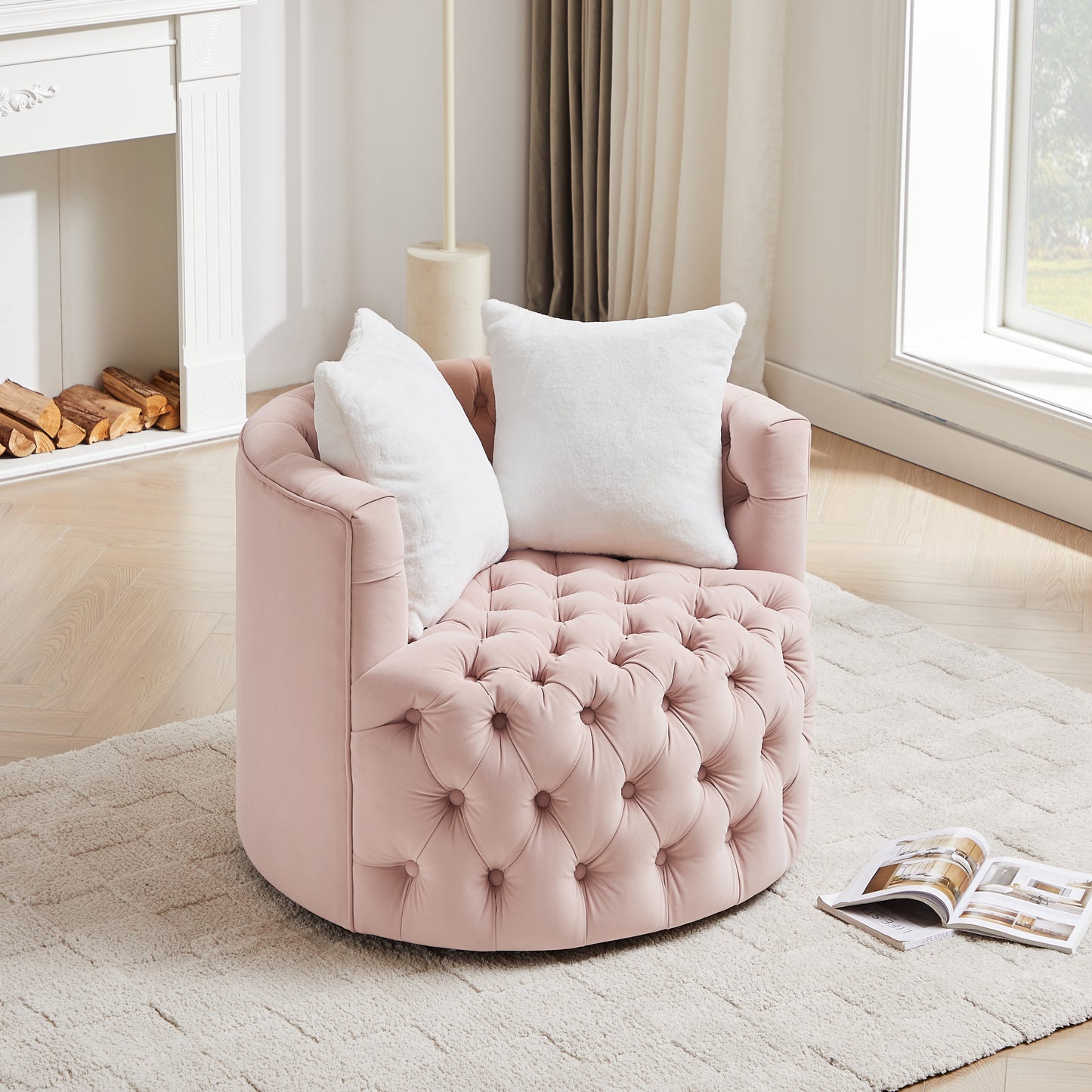 Ceianna Upholstered Swivel Barrel Chair-Pink/White