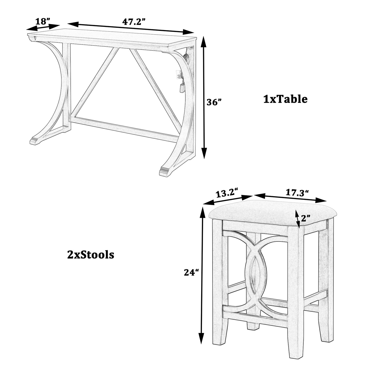 Farmhouse 3-Piece Counter Height Dining Table Set with USB Port