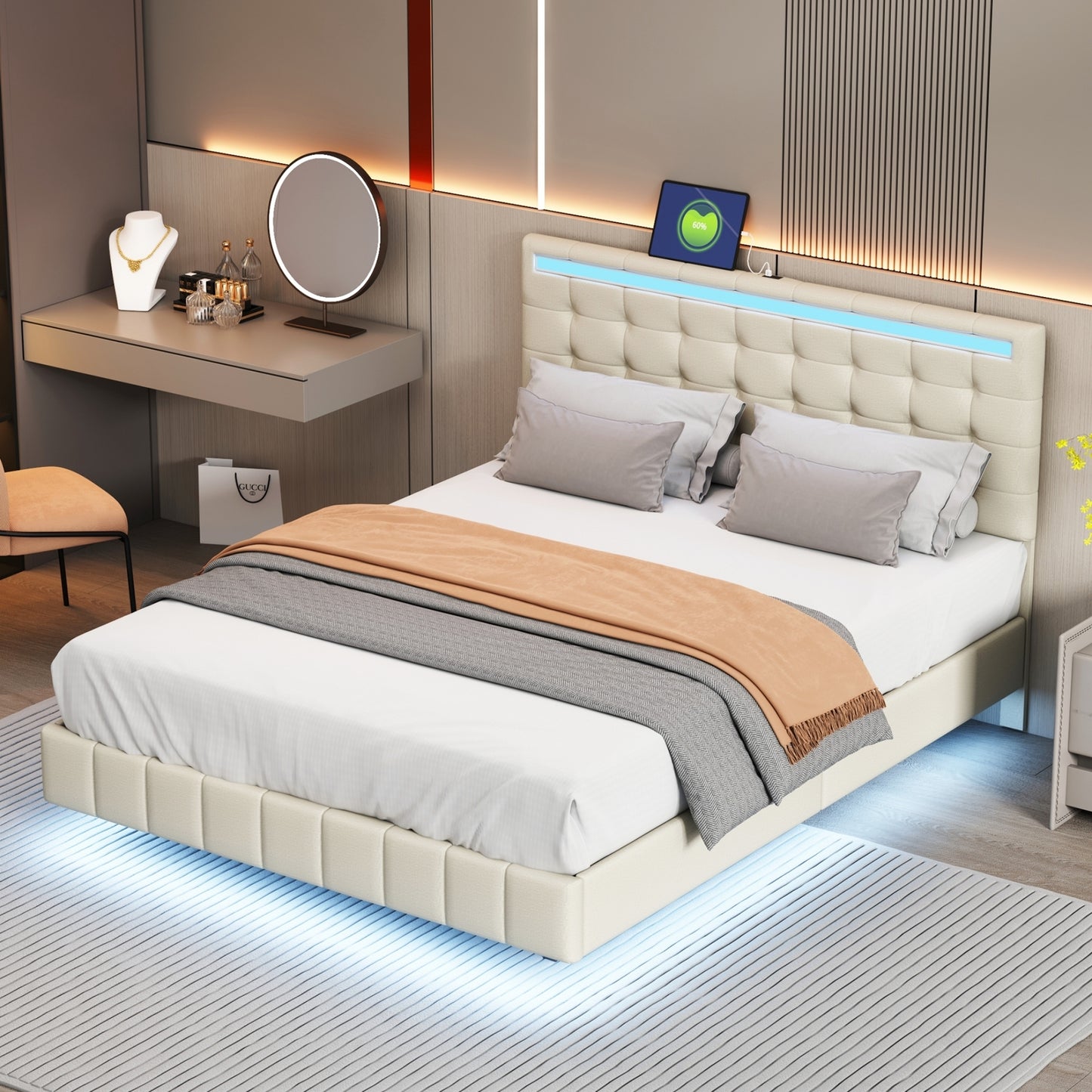 Queen Size Floating Bed Frame with LED Lights and USB Charging