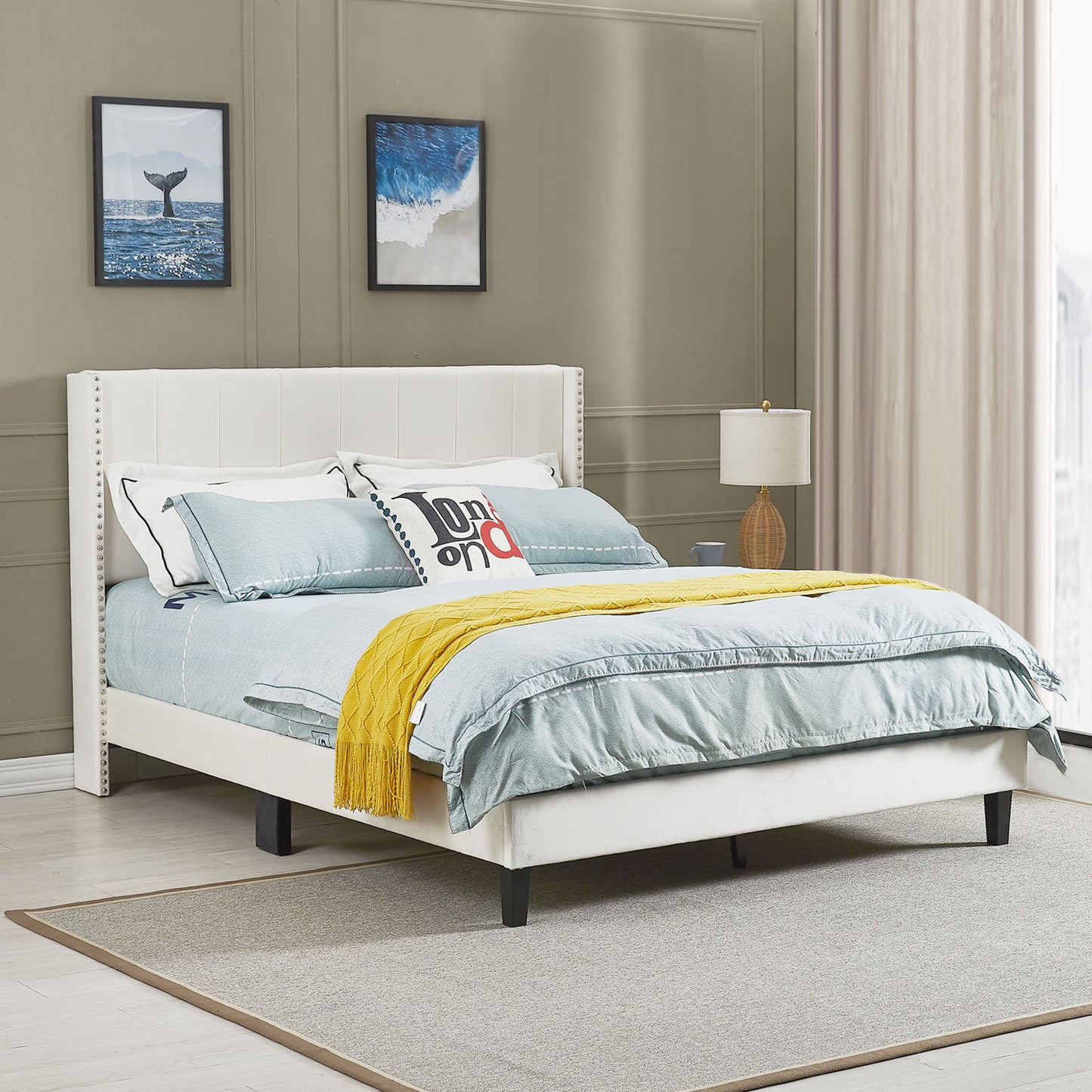 Velvet Upholstered Queen Bed- Beige