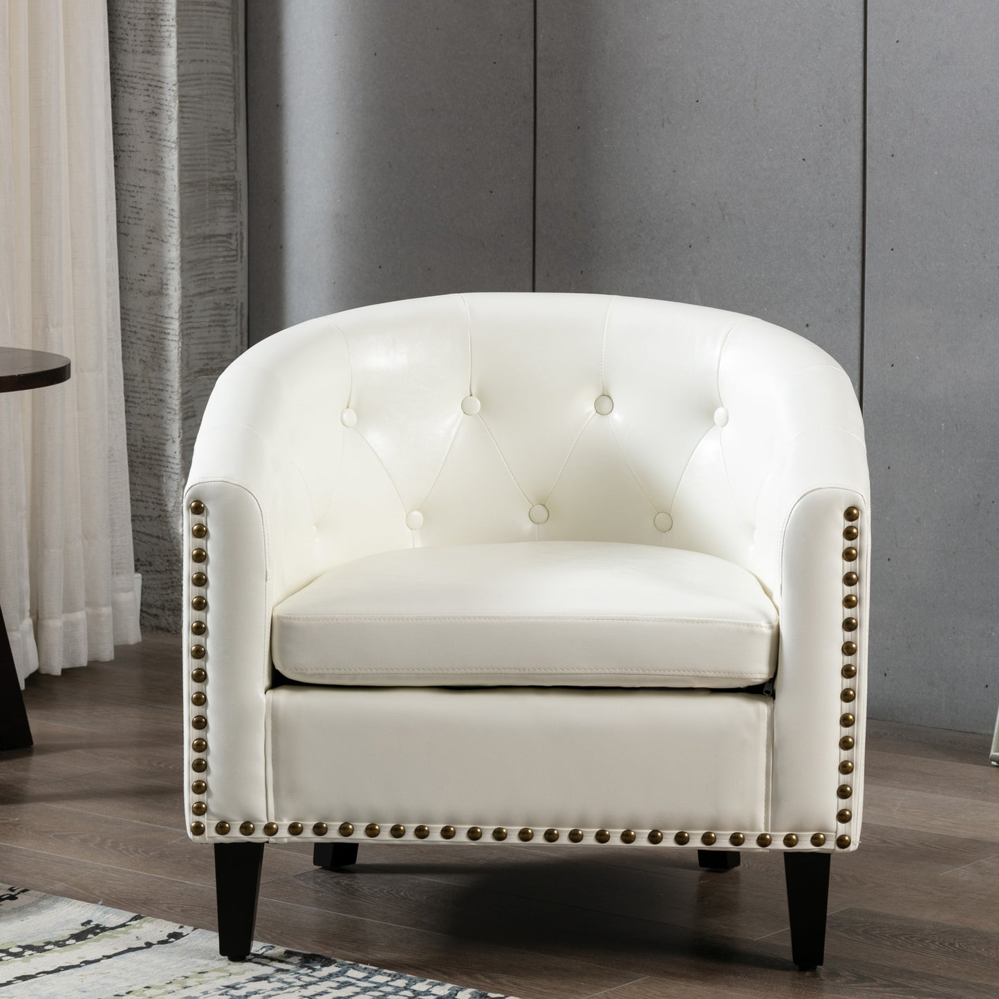 Modern White Nailhead Trim PU Leather Tufted Barrel Accent Chair