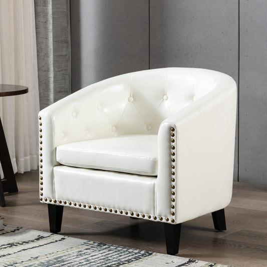 Modern White Nailhead Trim PU Leather Tufted Barrel Accent Chair