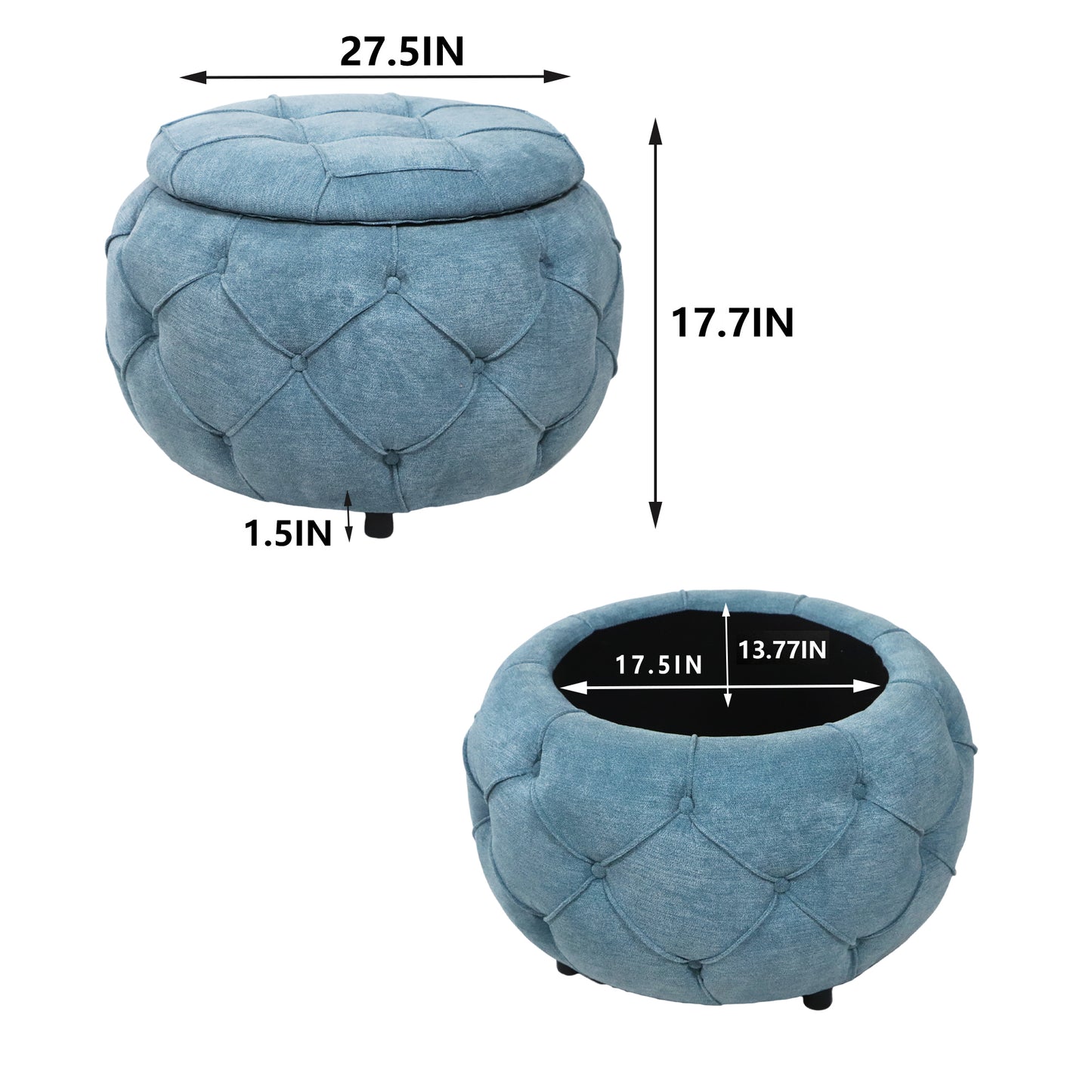 Button Tufted Round Storage Ottoman, Burlap Blue