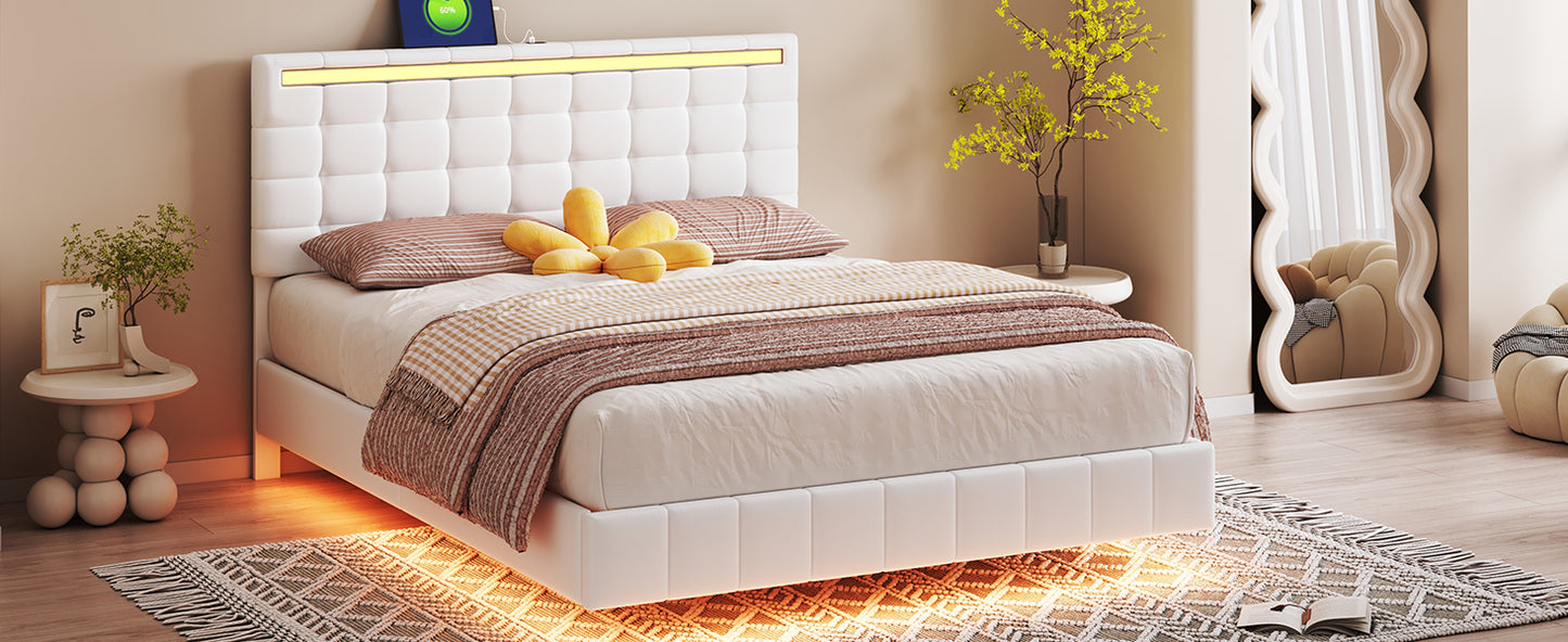 Queen Size Floating Bed Frame with LED Lights and USB Charging