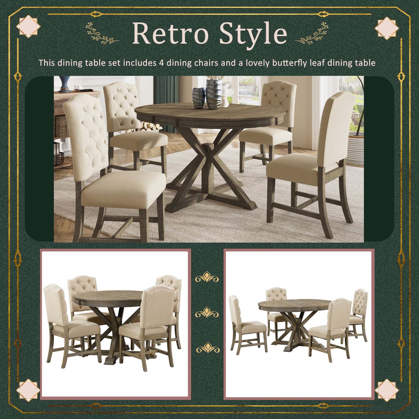 Retro Style Dining Table Set with Extendable Table and 4 Upholstered Chairs (Natural Wood Wash)