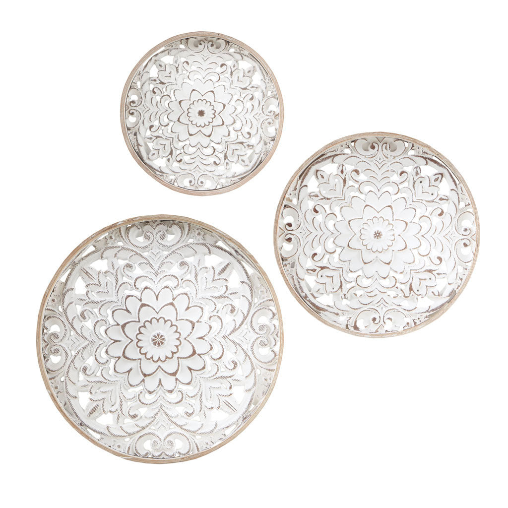 Medallion Trio Distressed White Floral 3-piece Carved Wood Wall Decor Set