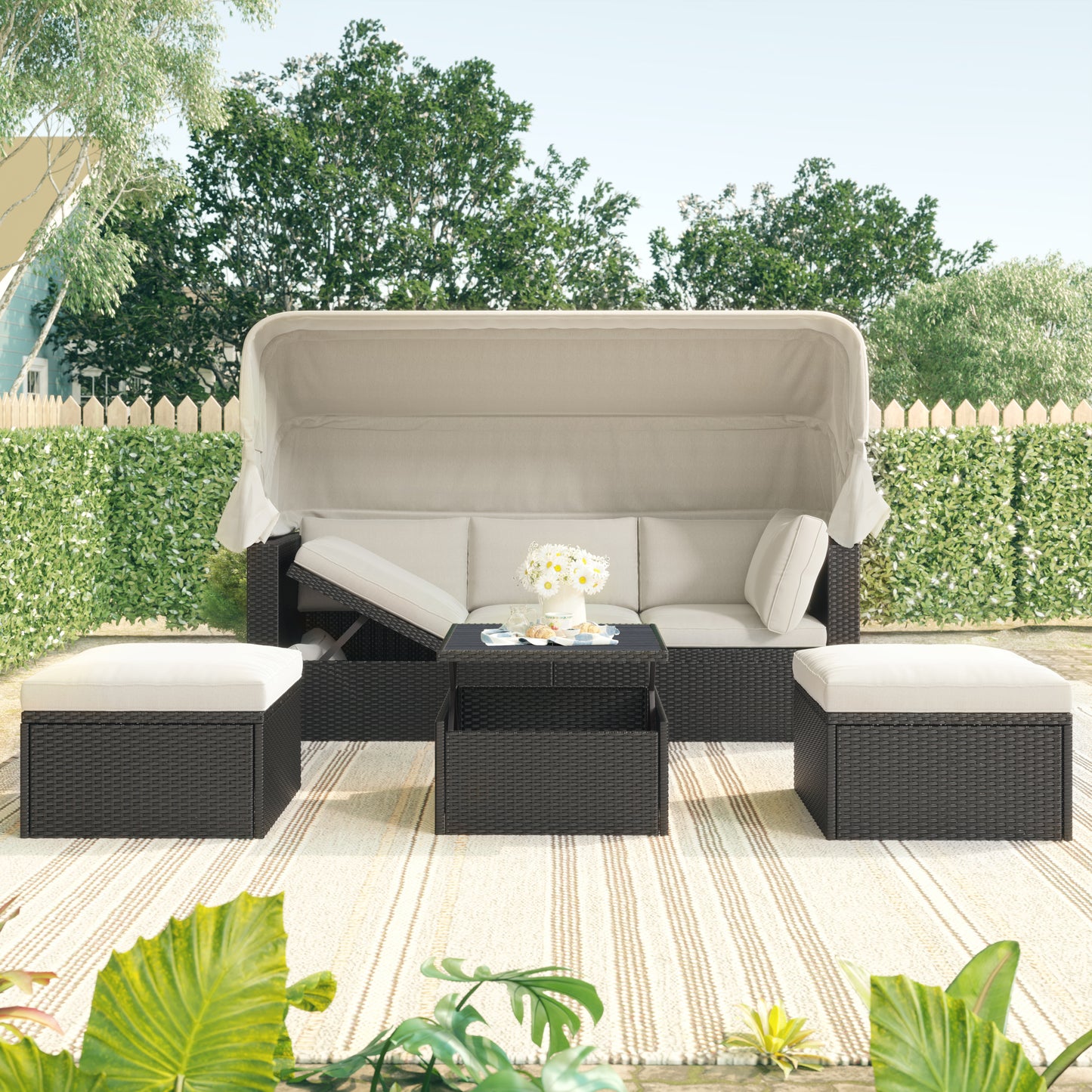 U_Style Outdoor Patio Rectangle Daybed with Retractable Canopy,  Wicker Furniture Sectional Seating with Washable Cushions, Backyard, Porch