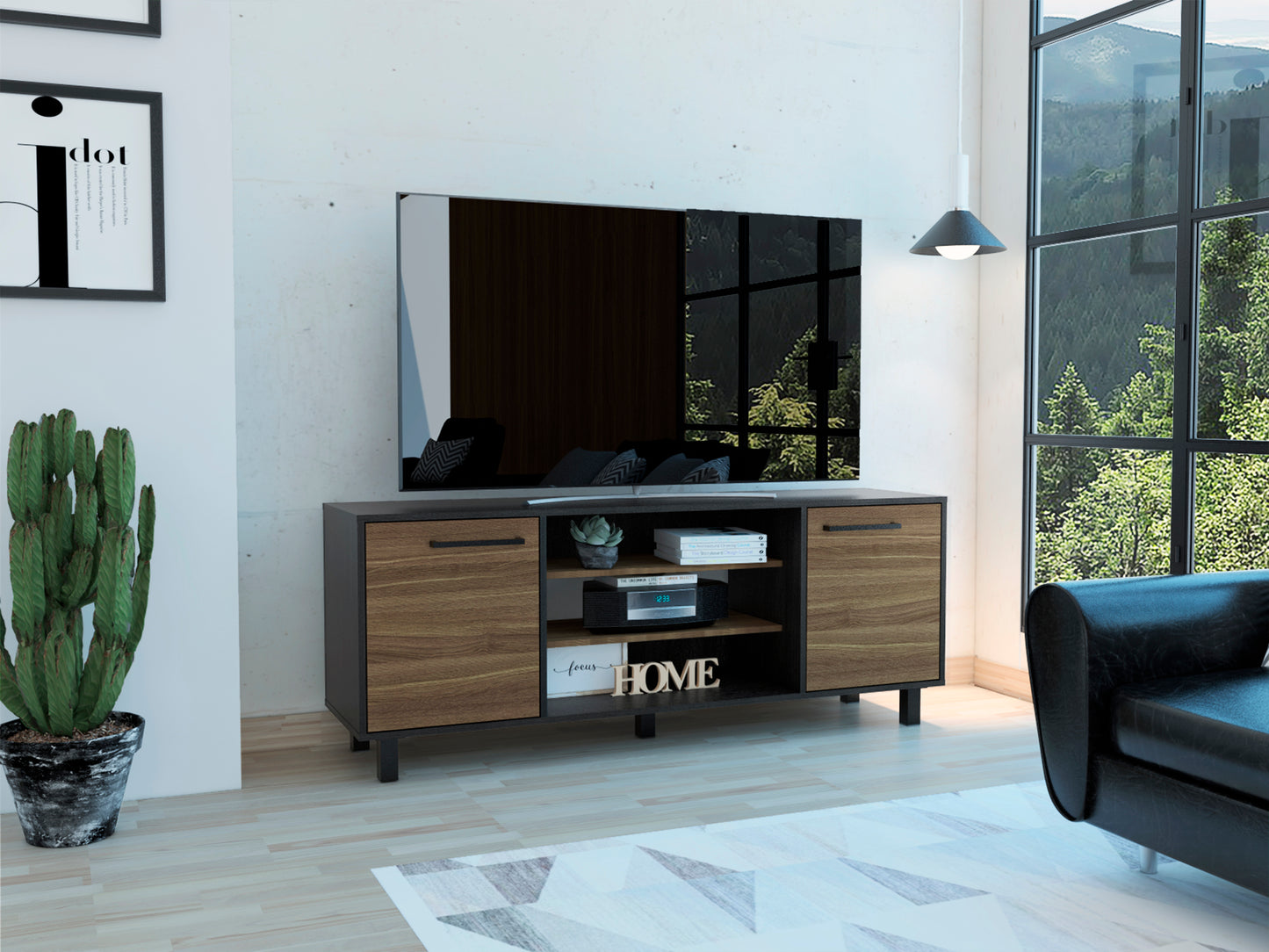 Kaia Tv Stand for TV´s up 55", Four Shelves, Three Shelves -Black / Pine