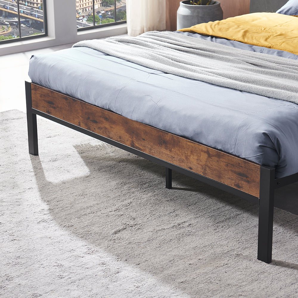 Queen Size Metal Platform Bed Frame with Wooden Headboard and Footboard