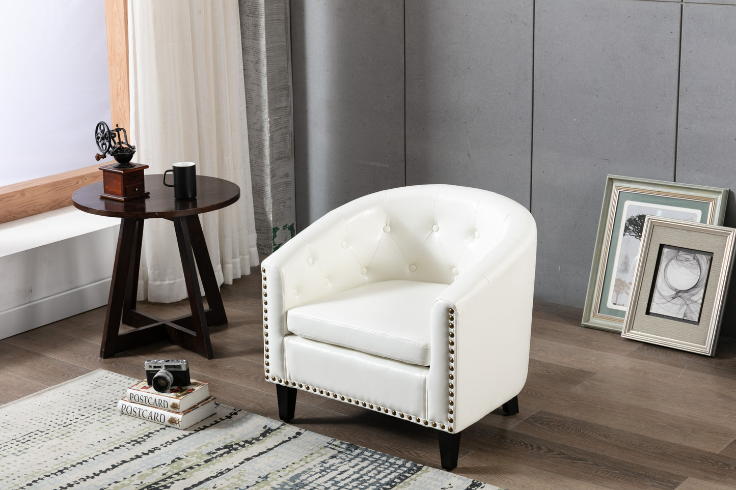 Modern White Nailhead Trim PU Leather Tufted Barrel Accent Chair