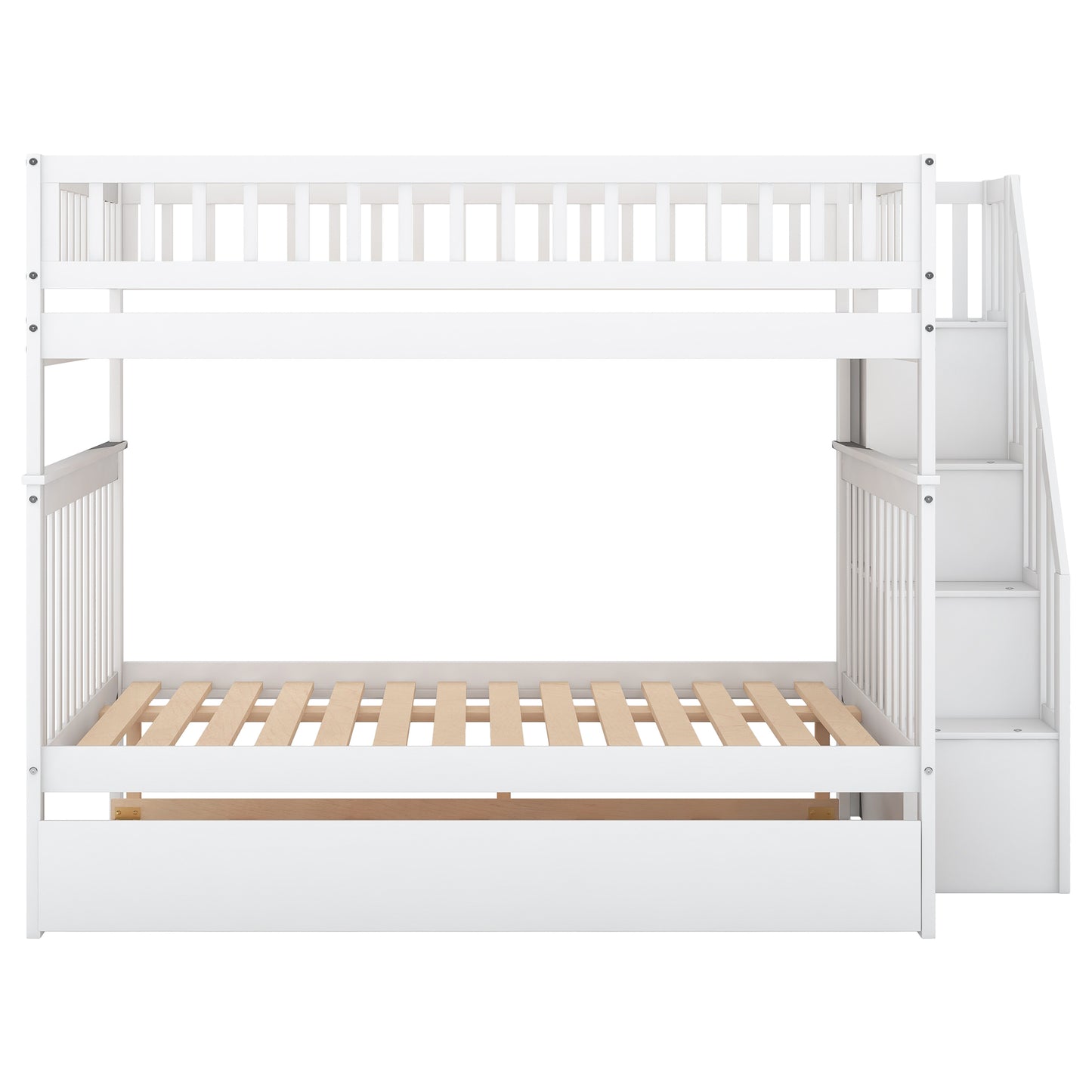 White Full over Full Bunk Bed with Trundle and Staircase