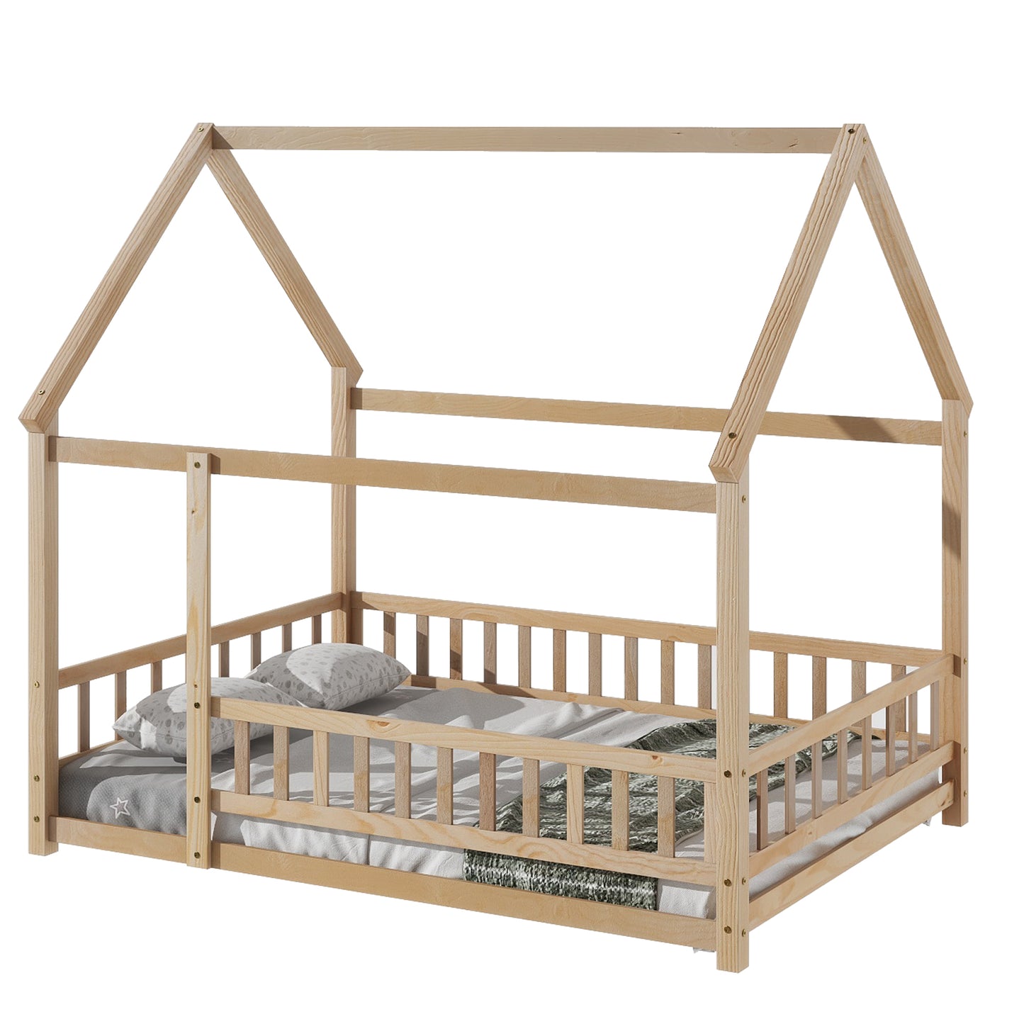 Full Size Floor Wooden  House Bed