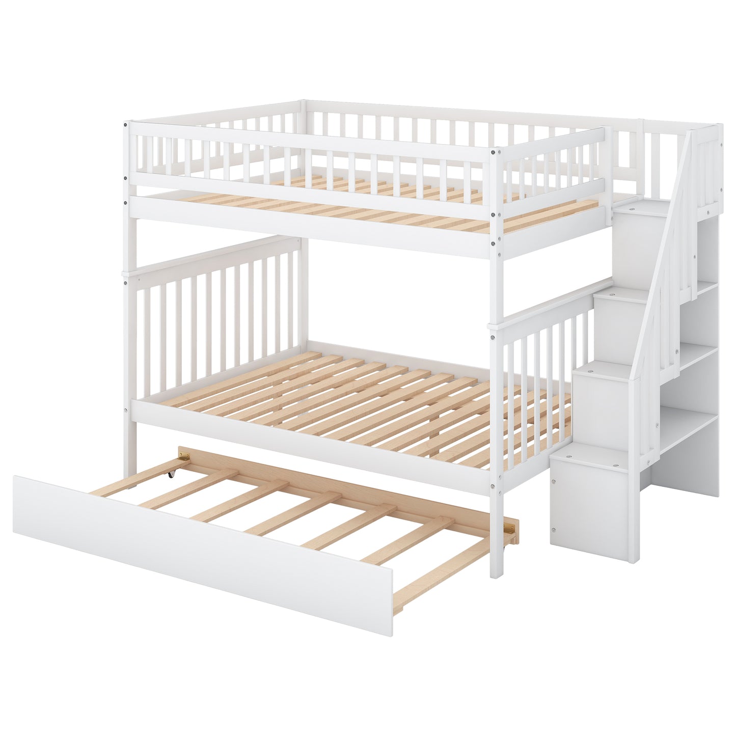 White Full over Full Bunk Bed with Trundle and Staircase