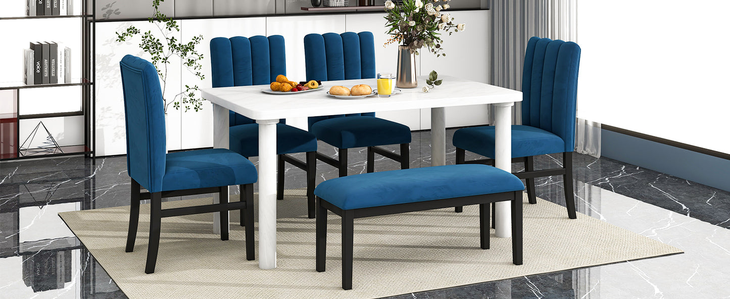 6-Piece Dining Table Set with Marble Veneer (White+Blue)