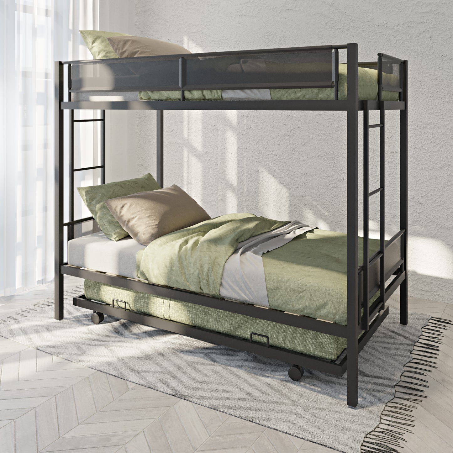 Metal Twin Over Twin Bunk Bed with Trundle Sturdy Metal Frame