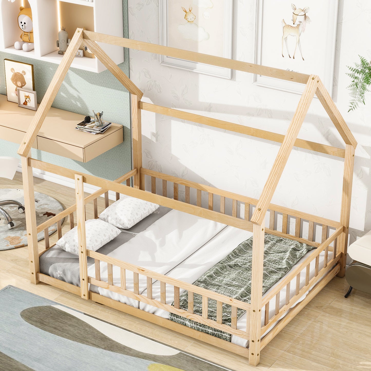 Full Size Floor Wooden  House Bed