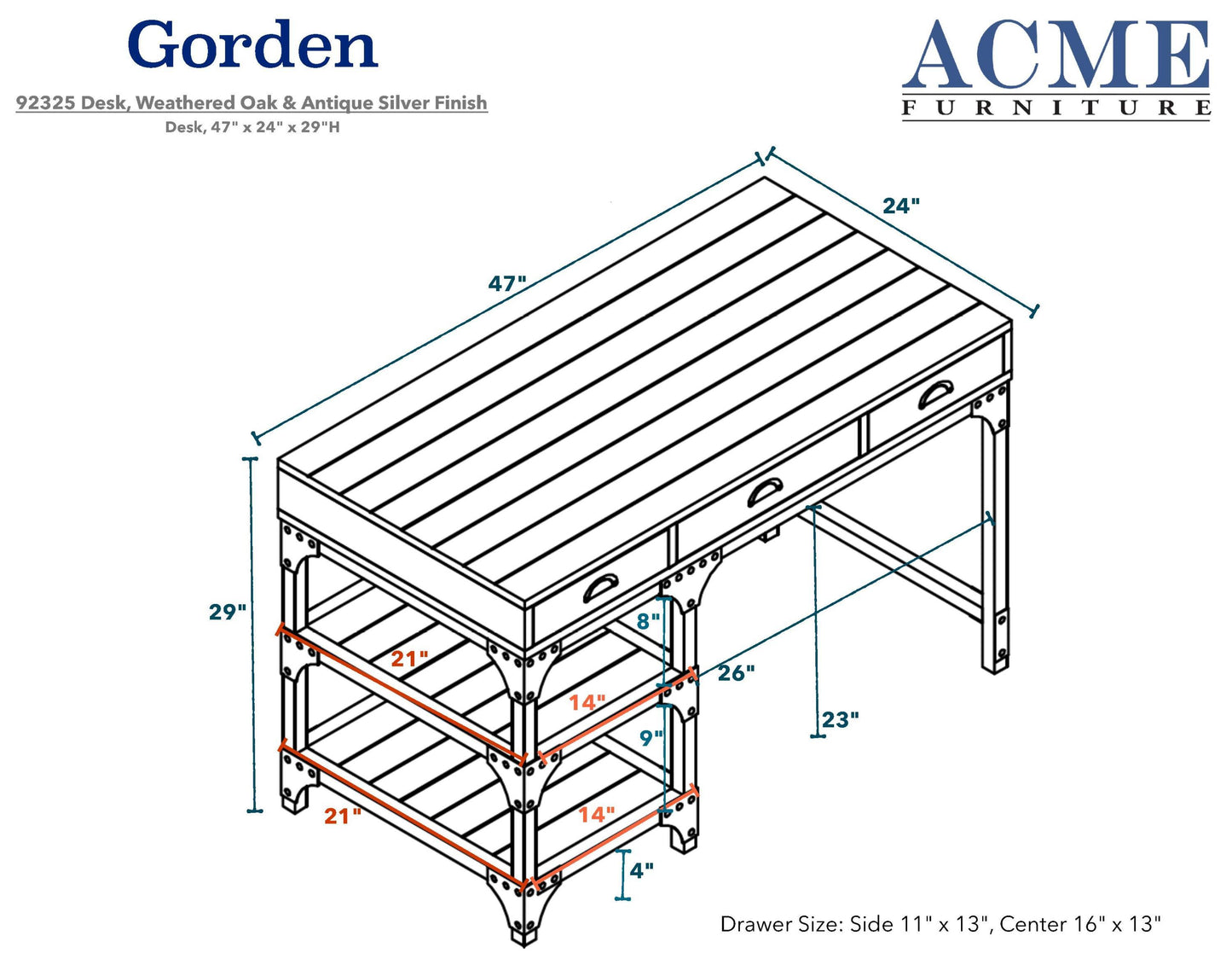 ACME Gorden Desk in Weathered Oak & Antique Silver